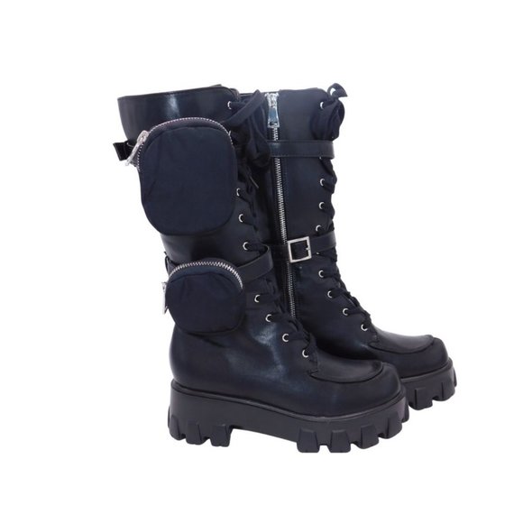 Women's Chunky Heel Combat Boots w/Dual Pouches - Picture 6 of 6